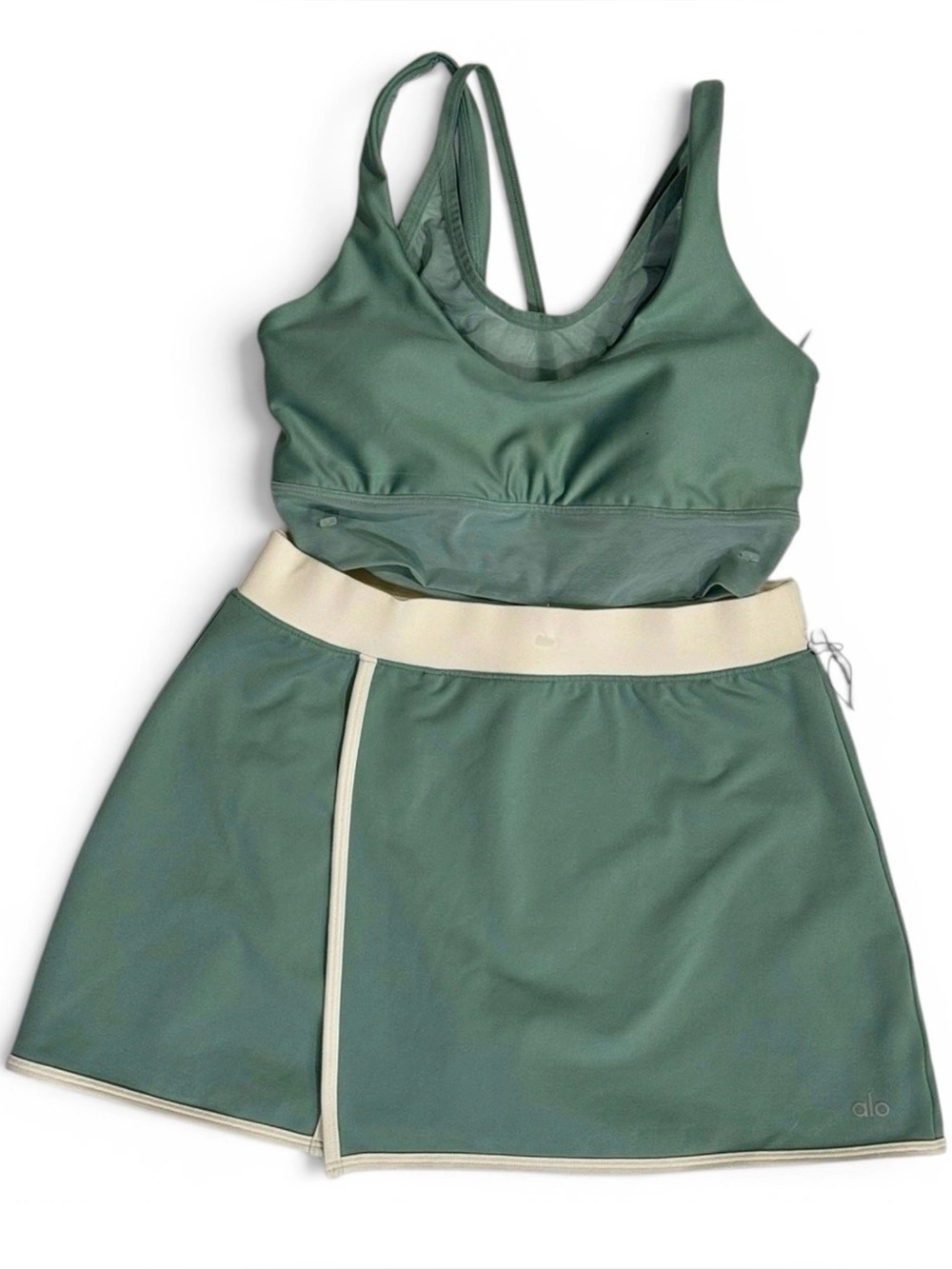 NWT Alo Yoga Botanical Green Airlift Bra Airbrush Skirt Set S